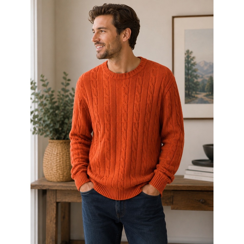 LL Bean Cable Knit Sweater Mens Large Orange Cotton Crewneck Pullover